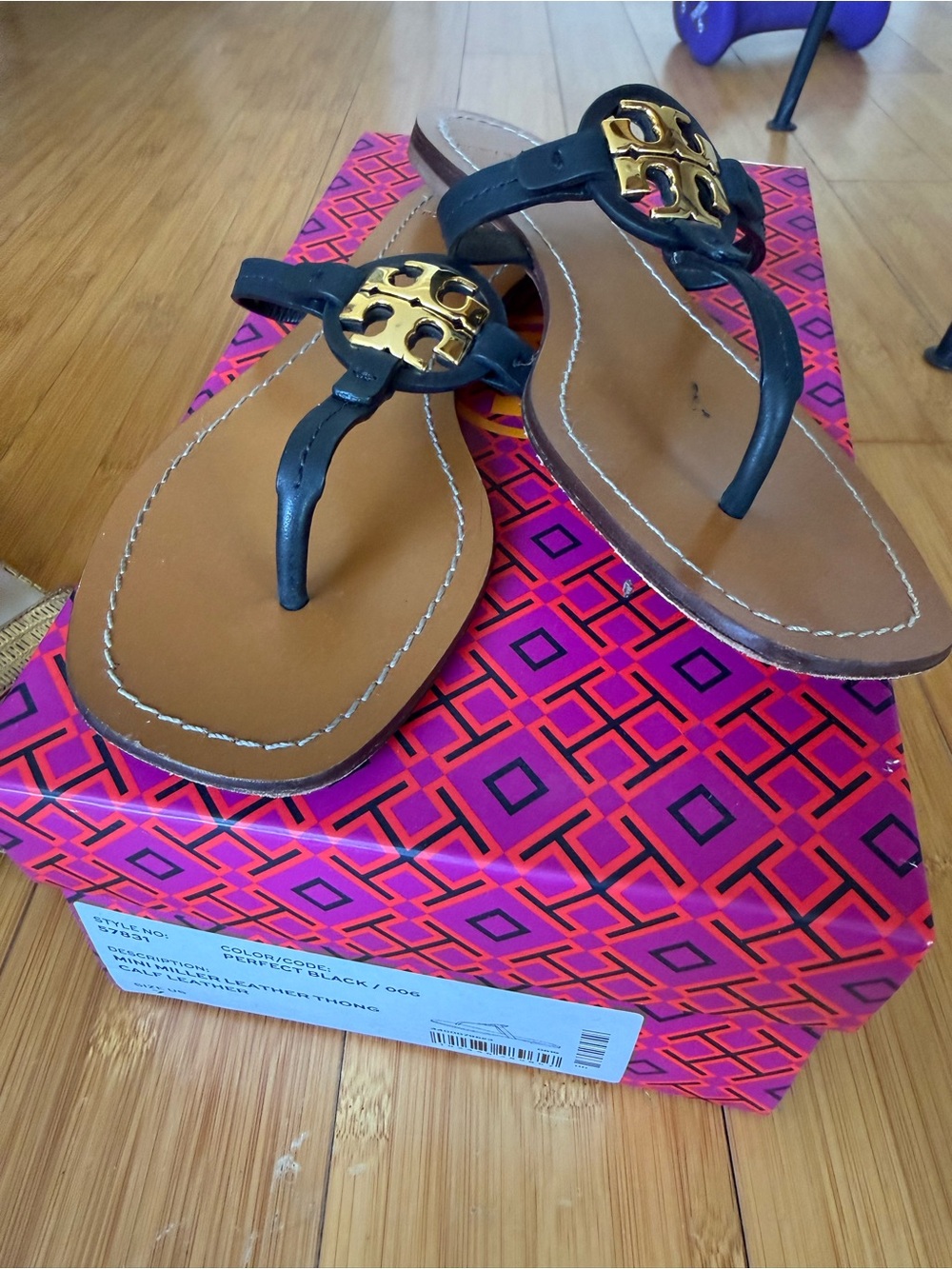 Tory Burch Black Leather Miller Thong Sandals with Gold Logo